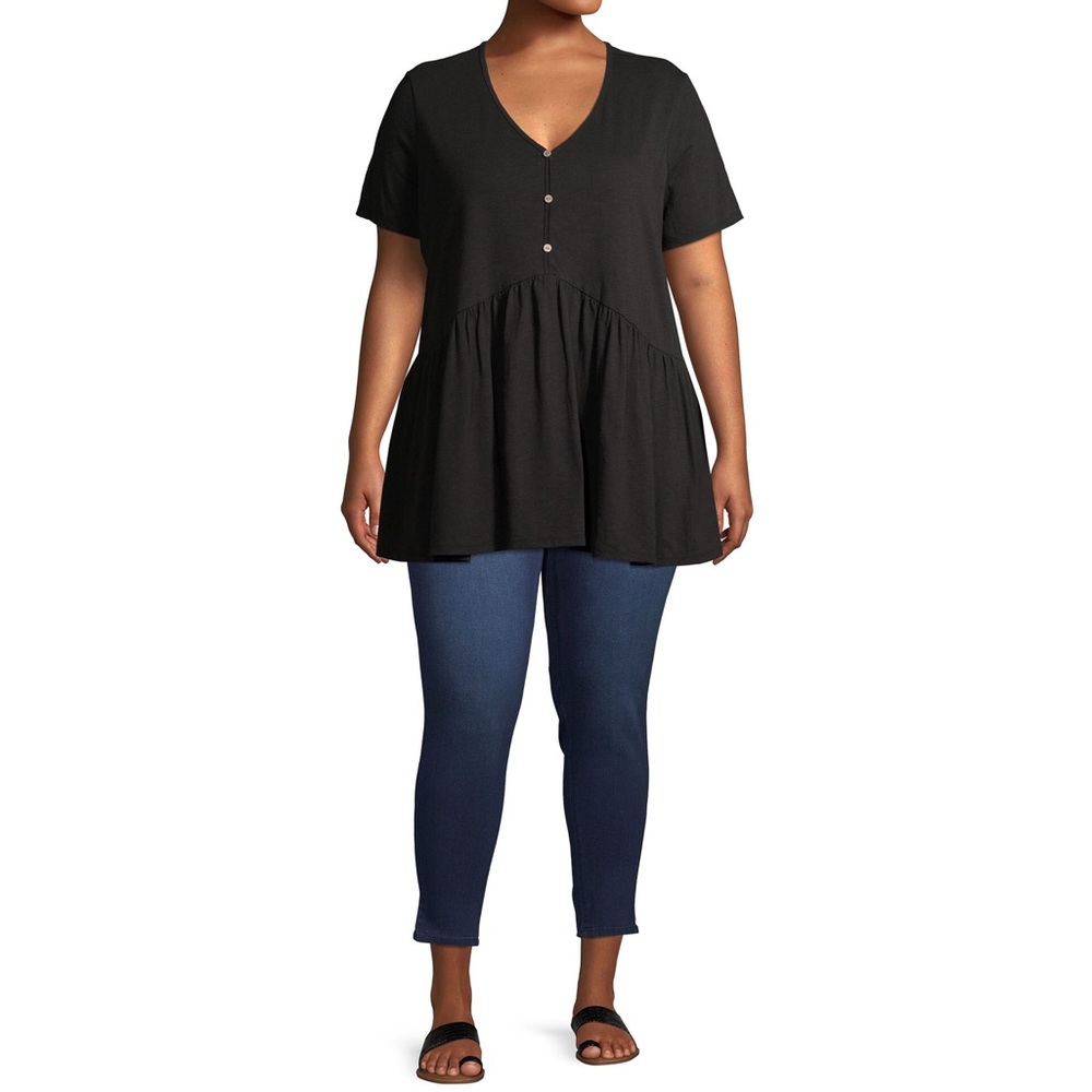Knit Babydoll Henley Top, Black